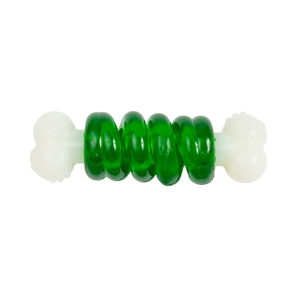 Country Living Bone-a-Treat Dog Chew Toy – Orange Bulged Balls & Green Spiral Ring
