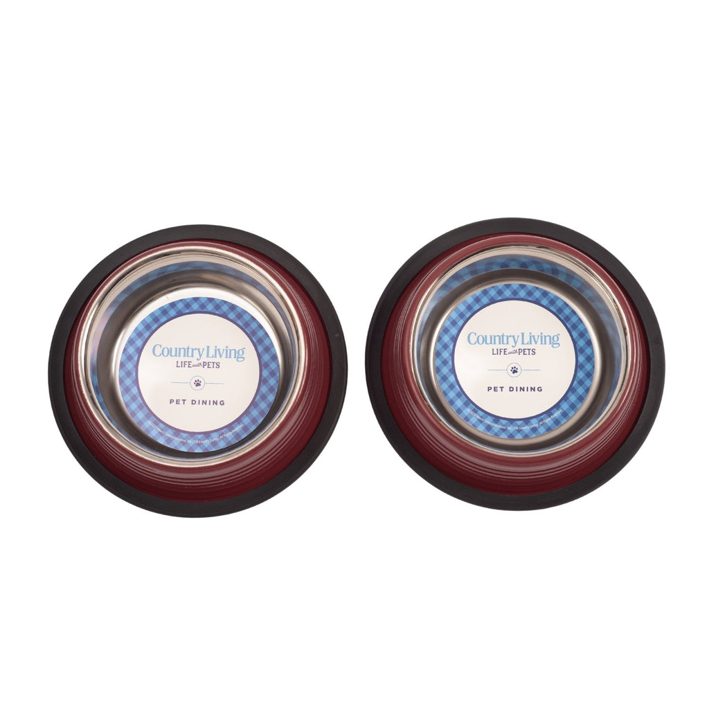 Country Living Set of 2 Ribbed Non-Slip Pet Bowls – Merlot Red