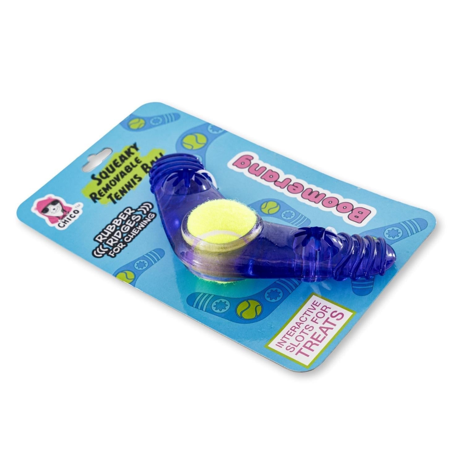 TPR Boomerang Dog Chew Toy with Removable Squeaker Tennis Ball & Treat Fill