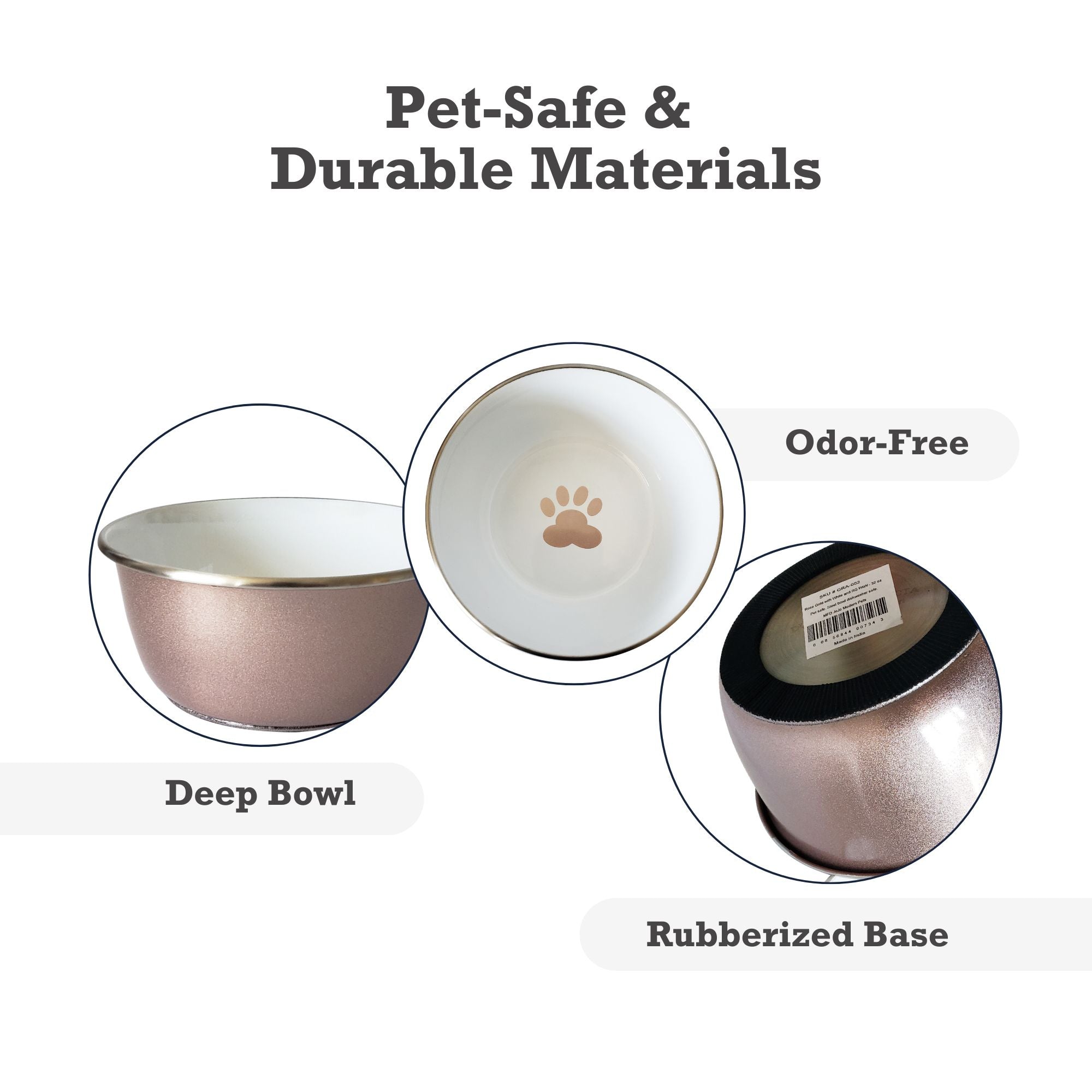Deep Dog Bowl with Paw Print Design – Stainless Steel Bowl, Ideal for Small, Medium to Large Dogs – Rose Gold