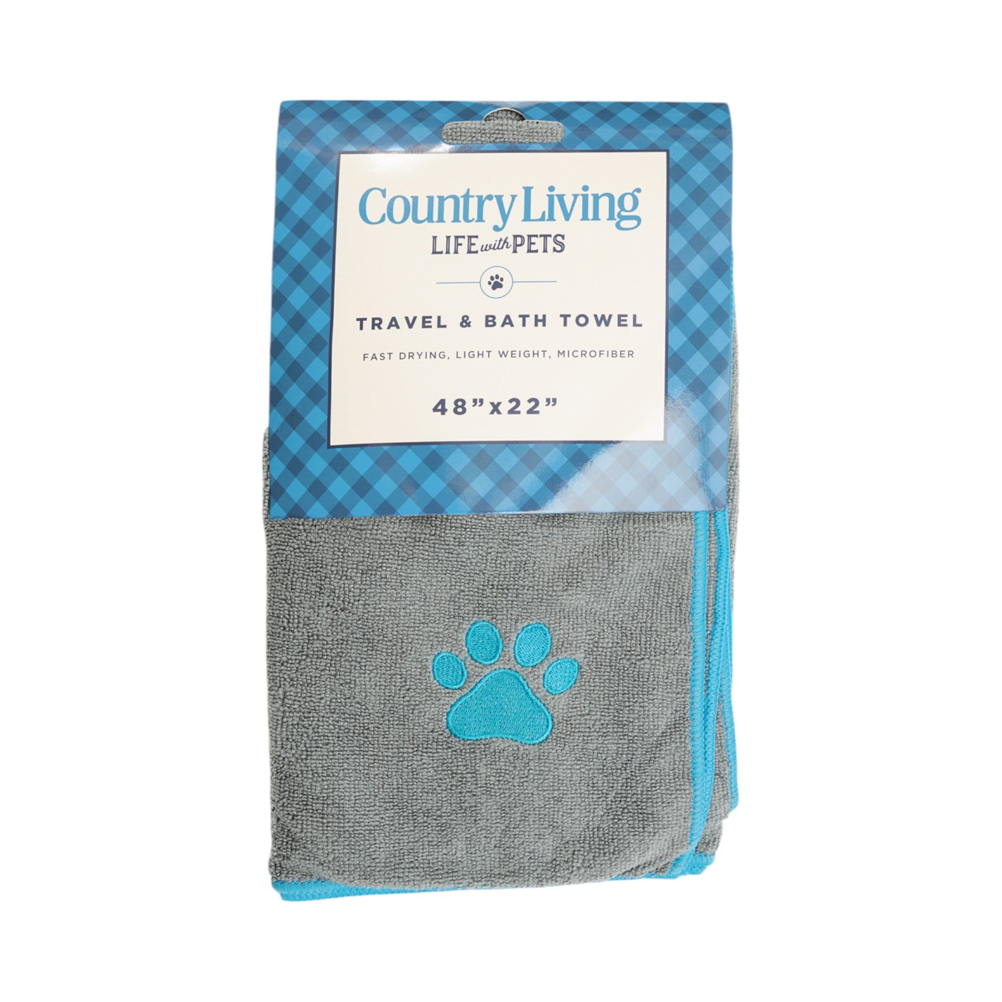 Country Living Large Gray Microfiber Dog Bath Towel with Teal Embroidered Paw Print