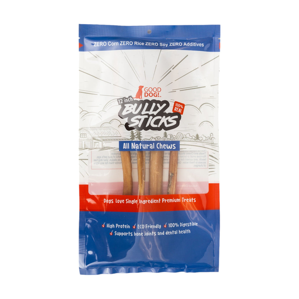 All-Natural Beef Bully Stick Dog Treats – Nutrient-Rich, and High-Protein – 12-Inch Standard (4-Pack)