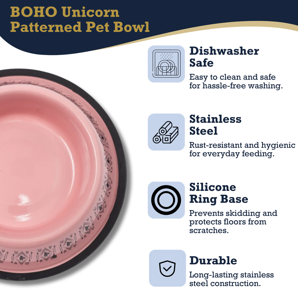 Non-Skid Boho Stainless Steel Dog Bowl – with Whimsical Unicorn Design, Silicone Base for Medium Dogs – 24oz