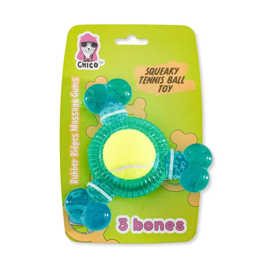 3-Bone TPR Chew Toy with Squeaker & Tennis Ball for Dogs – Removable Ball & Interactive Play