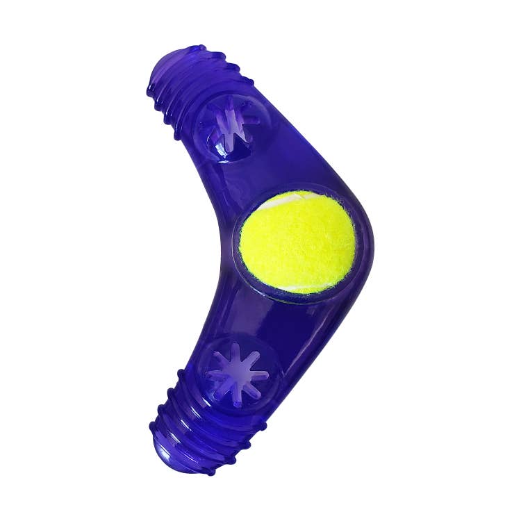 TPR Boomerang Dog Chew Toy with Removable Squeaker Tennis Ball & Treat Fill